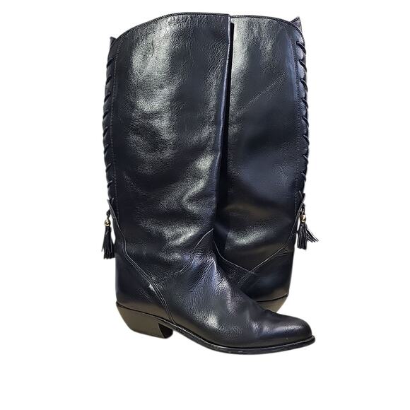 Bandolino Tassel Lace Up Riding Boots 7.5M Black Italian Leather Equestrian Flat - Picture 1 of 16